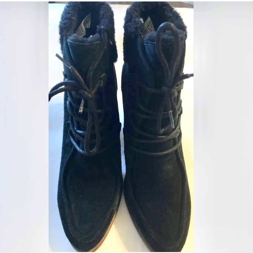 New UGG ANALISE Black Leather SUEDE SHEEPSKIN HIGH HEEL ANKLE BOOTS 11